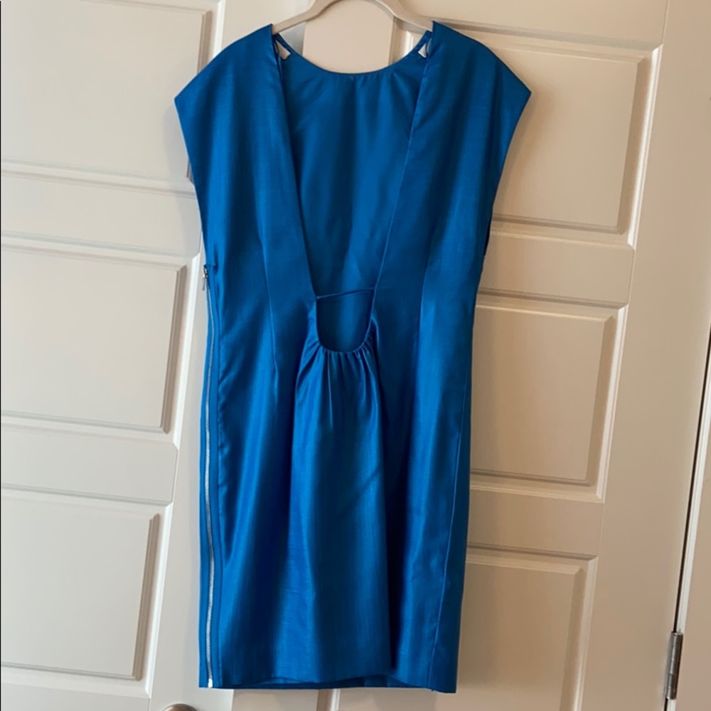 Open back blue mini shift dress
